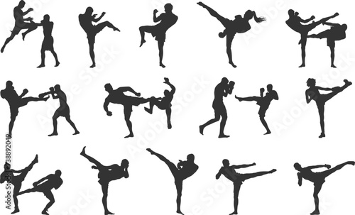 Kickboxing silhouette, Kickboxer silhouette, Kickbox silhouettes, Kickboxing svg, Kickboxing clipart.