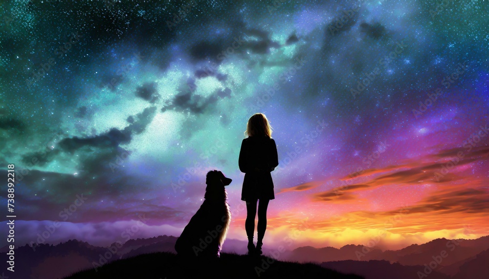 silhouette of a lonely girl with a dog in fantasy sky