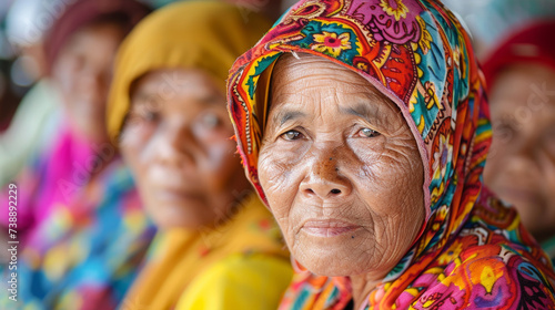 a group of women from the Dawei people in Myanmar, wearing vibrant headscarves. Each woman's headscarf is brightly coloured, adding a pop of colour to the scene.