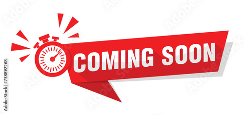 Modern red vector banner ribbon coming soon with stopwatch. Vector on transparent background