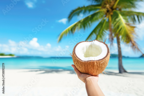 Tropical paradise: A beach cocktail with a coconut under a blue sky.