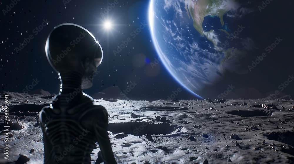 Closeup photo of an Alien from behind, standing on the moon and looking up at planet earth