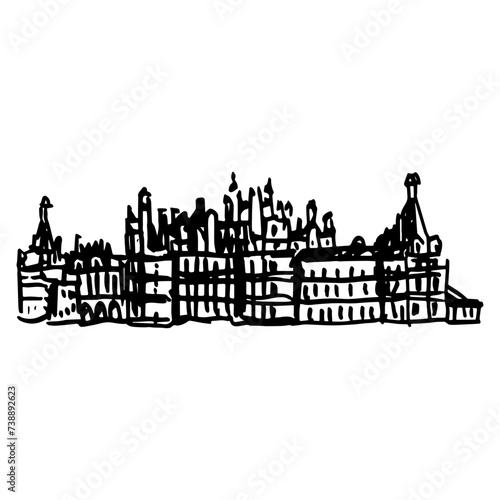 The ch  teaux of the Loire Valley in France. Panorama facade of European French medieval castle. Chateau de Chambord. Hand drawn linear doodle rough sketch. Black and white silhouette.