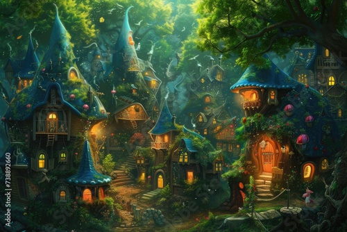 Nestled in an enchanted forest  this village boasts whimsical fairytale cottages surrounded by lush greenery and blooming flowers. Resplendent.