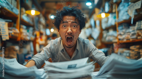 Angry Asian Manager Drowning in Office Paperwork