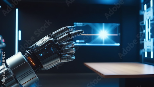 Iron robot hand with 5 fingers working on a hologram