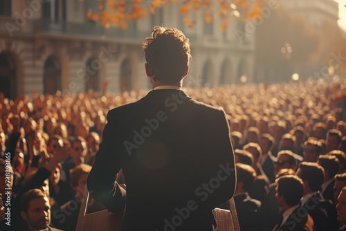 Man giving a speech at a rally with a cityscape behind. photo