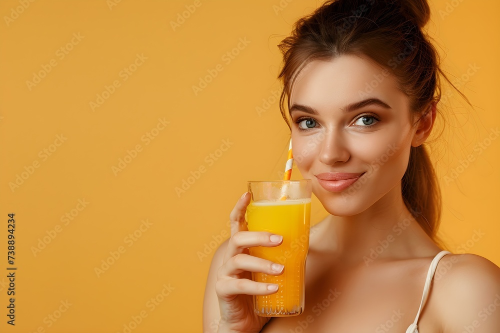 Woman with glass of collagen drink beauty banner rejuvenating juice yellow background. Concept Beauty Routine, Collagen Drink, Healthy Lifestyle, Yellow Aesthetic, Banner Design Woman with glass of collagen drink beauty banner rejuvenating juice yellow background. Concept Beauty Routine, Collagen Drink, Healthy Lifestyle, Yellow Aesthetic, Banner Design