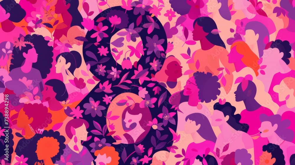 illustration for International Women's Day in a trendy flat style of a silhouette of the number 8, consisting of a pattern of many diverse women , pink an purple colors
