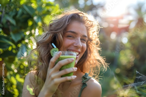 A joyful woman holds a revitalizing green detox drink radiating health. Concept Health & Wellness, Detox Drinks, Lifestyle Trends, Female Empowerment, Nutritious Living