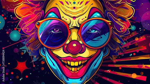 This image features a highly stylized and colorful depiction of a clown's face, displaying exaggerated features such as a wide grin, a bulbous red nose, and large circular sunglasses reflecting a cosm