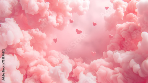 Happy Valentine's Day. Pink clouds with beautiful pink hearts frame on pink background
