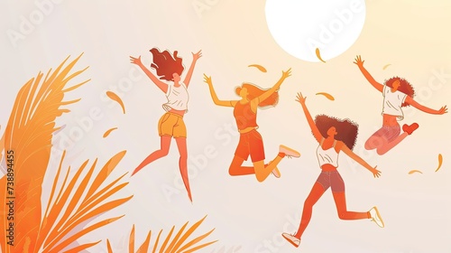 The image features four animated individuals, two with feminine features and two with masculine features, suspended in mid-air as they jump joyfully. They are rendered in a vibrant and warm color pale