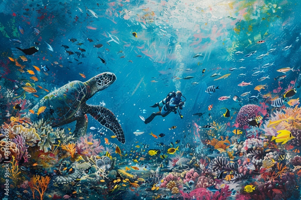 A diver exploring a vibrant coral reef, surrounded by colorful fish, majestic sea turtles, and playful dolphins A diver exploring a vibrant coral reef, surrounded by colorful fish, majestic sea turtles, and playful dolphins