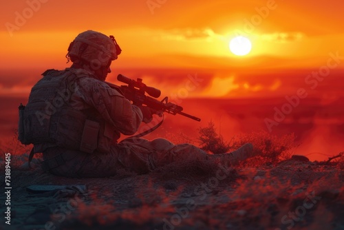 The silhouette of a soldier against the dawn horizon symbolizes the quiet strength and readiness as they face the challenges of a new day.