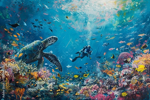 A diver exploring a vibrant coral reef, surrounded by colorful fish, majestic sea turtles, and playful dolphins