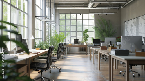 Isolated creative office area with windows, without people, back button focus,Business office without people 