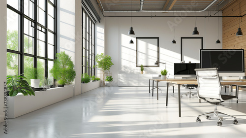 Isolated creative office area with windows, without people, back button focus,Business office without people 