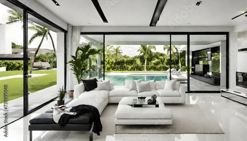 A beautiful house design. white decor with black details. tropical environment.. A simple living room with a doble glass door, view of the backyard with pool and grass . photo