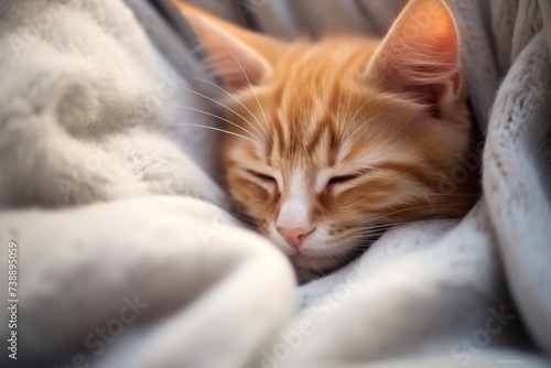 A cute little red kitten is sleeping wrapped in blanket. Autumn cold.