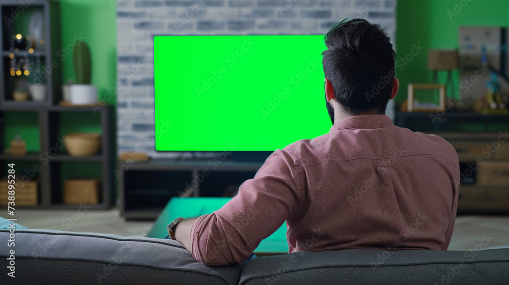 Sports fan watching game on green screen tv mockup encouraging favourite team while relaxing at home sitting on couch. Man sport supporter looking at television with chroma key display in living roomS Sports fan watching game on green screen tv mockup encouraging favourite team while relaxing at home sitting on couch. Man sport supporter looking at television with chroma key display in living roomS