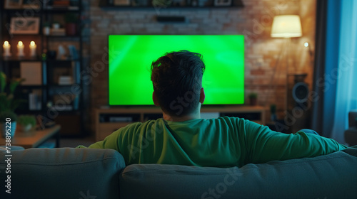 Sports fan watching game on green screen tv mockup encouraging favourite team while relaxing at home sitting on couch. Man sport supporter looking at television with chroma key display in living roomS