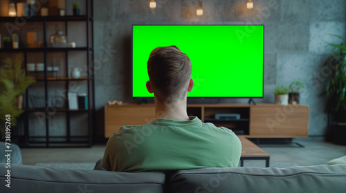 Sports fan watching game on green screen tv mockup encouraging favourite team while relaxing at home sitting on couch. Man sport supporter looking at television with chroma key display in living roomS