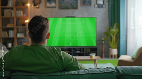 Sports fan watching game on green screen tv mockup encouraging favourite team while relaxing at home sitting on couch. Man sport supporter looking at television with chroma key display in living roomS © Muhammad