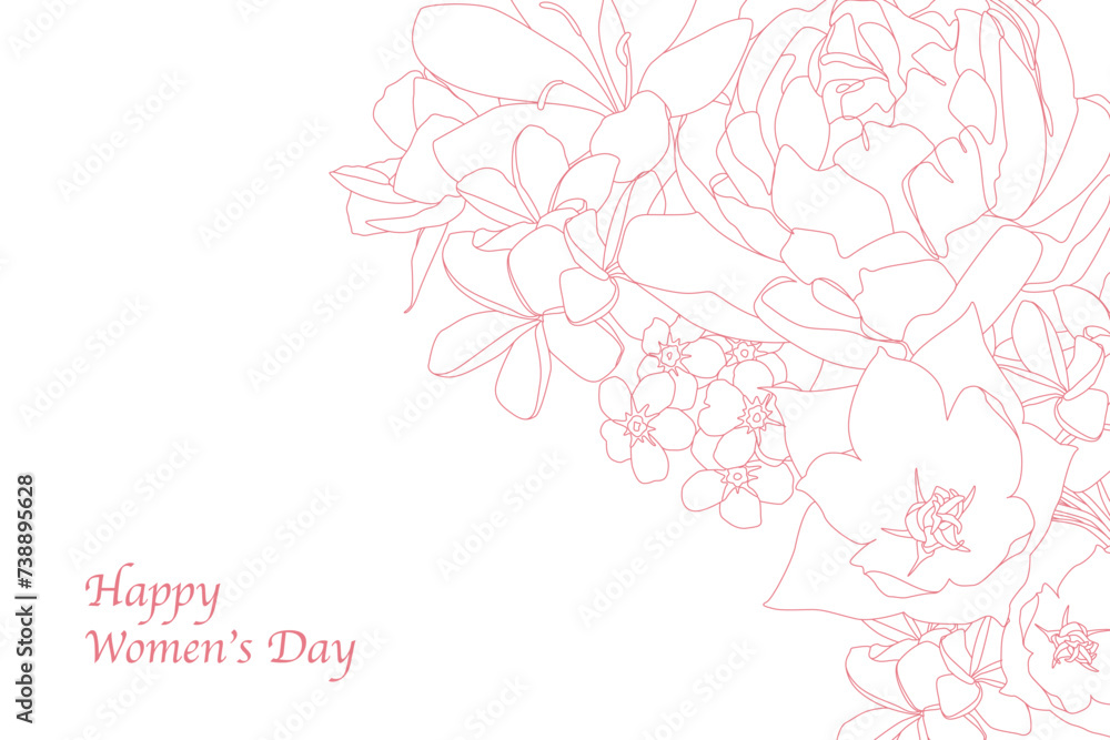 Womens day card with an inscription and flowers made of pink lines