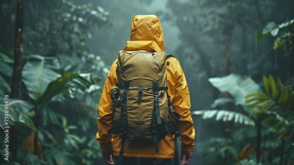 Picture of a guy wearing hiking adventure clothes in the style of action movies. explorer in the forest. An explorer in the jungle.