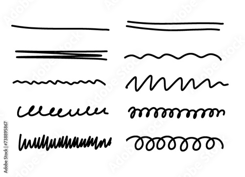 Black marker underline line strokes set. Hand drawn curls, lines, doodle sketch illustration