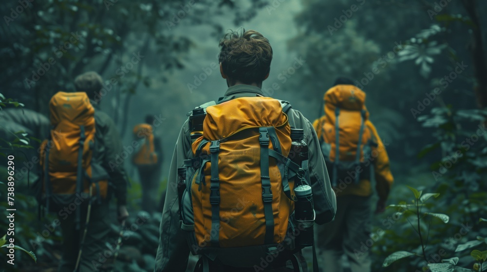 Picture of people wearing hiking adventure clothes in the style of action movies. explorers in the forest. An explorers in the jungle.