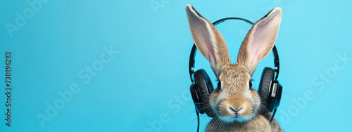 rabbit in headphones close-up photo