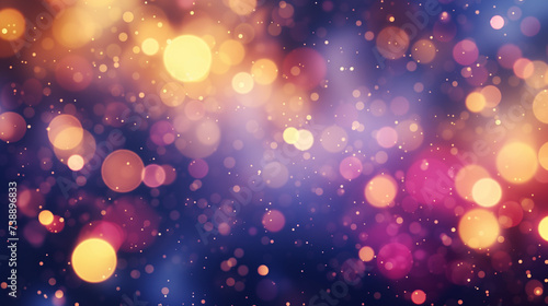  Abstract blur bokeh banner background. Gold, yellow, pink bokeh on defocused navy blue background
