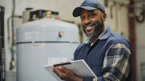 smiling man wearing a baseball cap and a blue plaid shirt over a blue work uniform, holding a clipboard in an industrial or maintenance setting, possibly a technician or a worker. photo