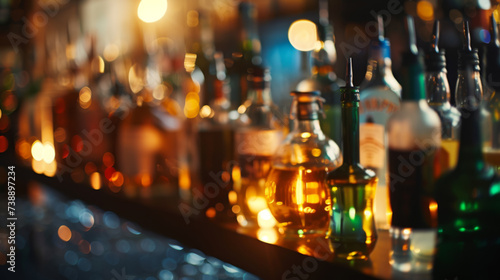 Silhouetted alcohol bottles with pour spouts against a backdrop of warm, glowing bokeh lights.