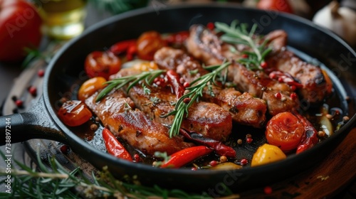 The image features a close-up of a cast iron skillet filled with juicy, grilled sausages surrounded by roasted cherry tomatoes, red chili peppers, and fresh sprigs of rosemary. The sausages are nicely