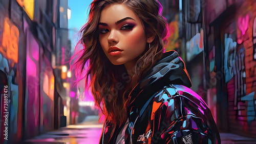 Urban Beauty: Capturing a Girl's Portrait in a Graffiti-Covered Alleyway - Generated by AI.