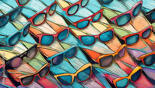Viele Sonnenbrillen liegen glrichmäßig schräg aneinandergereiht nebeneinander, farbenfrohe Illustration photo