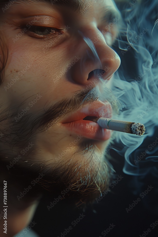 Fototapeta premium Man Smoking Cigarette in Dark Room