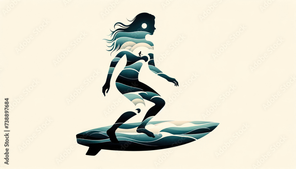 Fototapeta premium Surfing Grace: Minimalist Double Exposure of a Surfer Girl