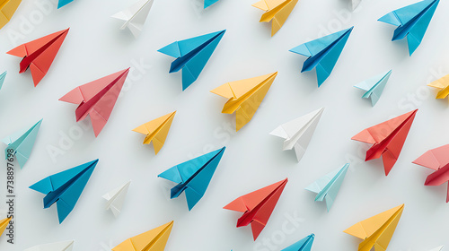 small minimalistic paper planes in different colors evenly distributed on white background