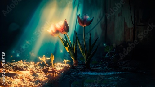 In this enchanting image  a pair of vibrant red tulips with hints of yellow at the edges stand out amidst a dark  moody backdrop. A magical light  evocative of moonbeams or underwater luminescence  fi