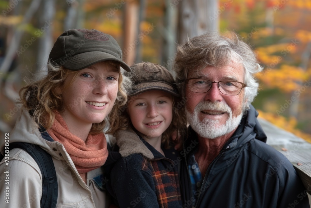 An elderly man with his daughter and granddaughter are standing nearby. An elderly man with his daughter and granddaughter are standing nearby.