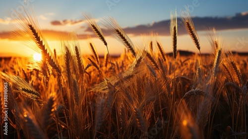 A field of wheat basking in the warm glow of the setting sun  with the vibrant colors of the sky in the background
