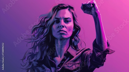 poster, strong woman, we can do it, flipping middle finger, purple colors
