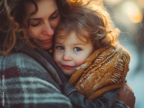 Portrait of a young mother hugging her little daughter sitting in her arms and wrapped in a warm shawl.