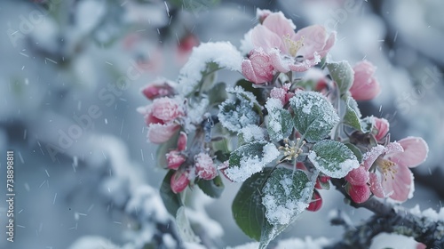 the delicate blossoms of a flowering apple tree in spring are unexpectedly covered with snow
