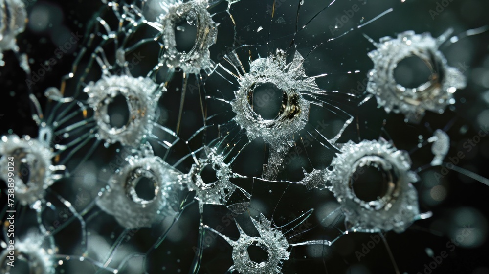 broken glass with multiple real bullet holes, starkly isolated against a black background broken glass with multiple real bullet holes, starkly isolated against a black background