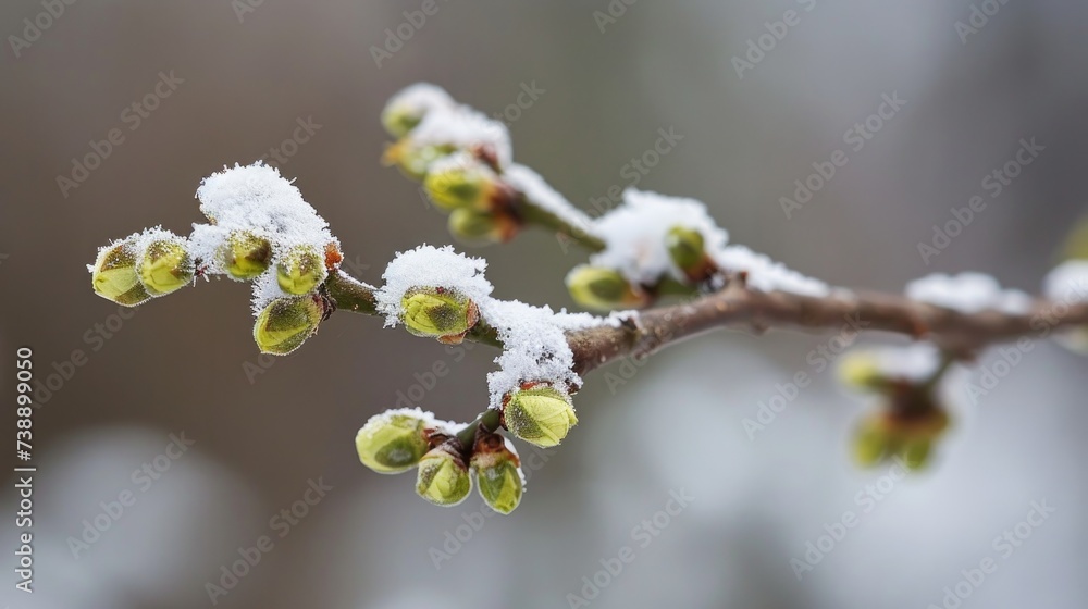 budding buds on a plum tree branch, gently enveloped in snow budding buds on a plum tree branch, gently enveloped in snow